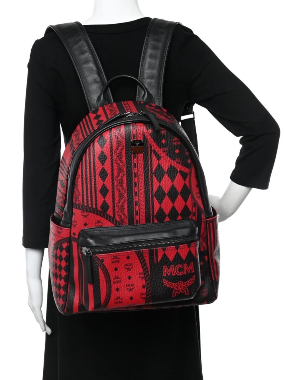 MCM Red & Black Baroque Pattern Leather Backpack Medium